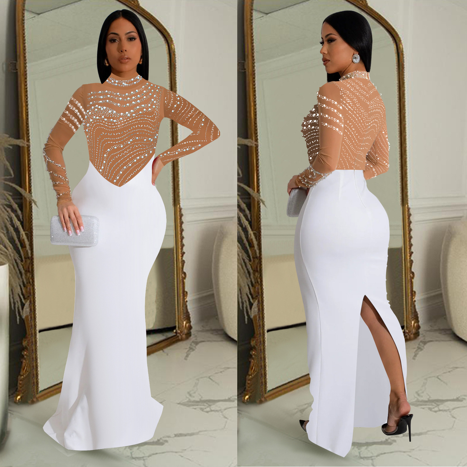 C7043 Aliexpress transfronterizo Amazon estación independiente de moda europea y americana ropa de mujer de color sólido vestido largo de diamante caliente nuevo