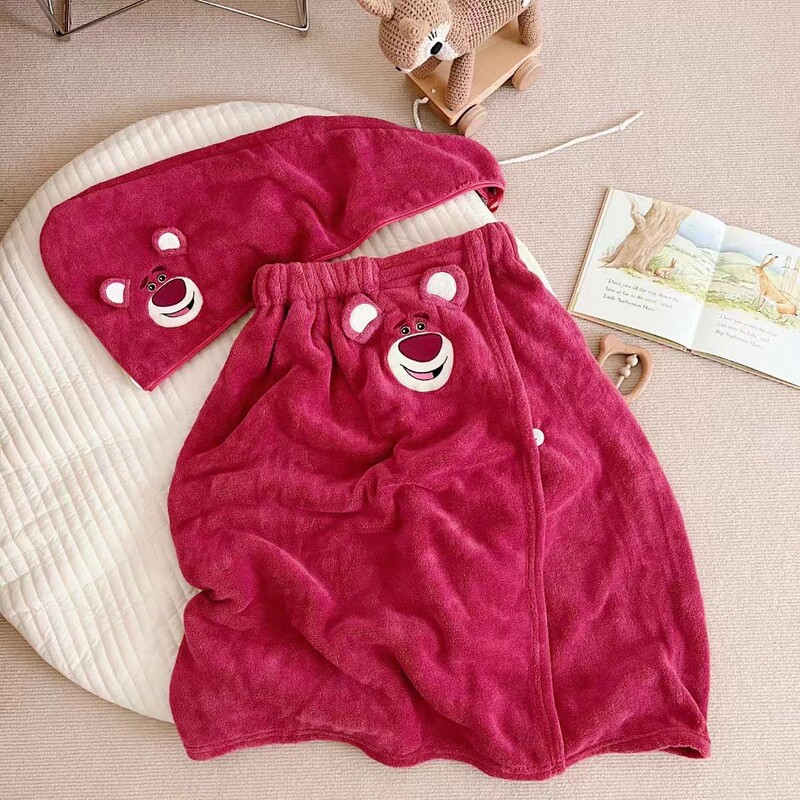 Strawberry bear towel bath towel two-piece children's cartoon cute coral fleece dry hair cap suit bath dress wholesale