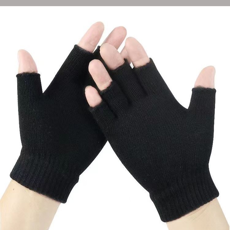 半指手套冬季保暖露指手套针织毛绒学生写字分指防冻男女通用手套