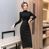 High collar solid color slit knitted sweater A-line dress party dress long sleeve dress