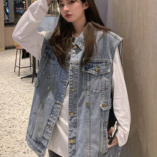 腰部调节牛仔马甲设计感女小众春秋宽松bf风中长款马夹背心外套潮