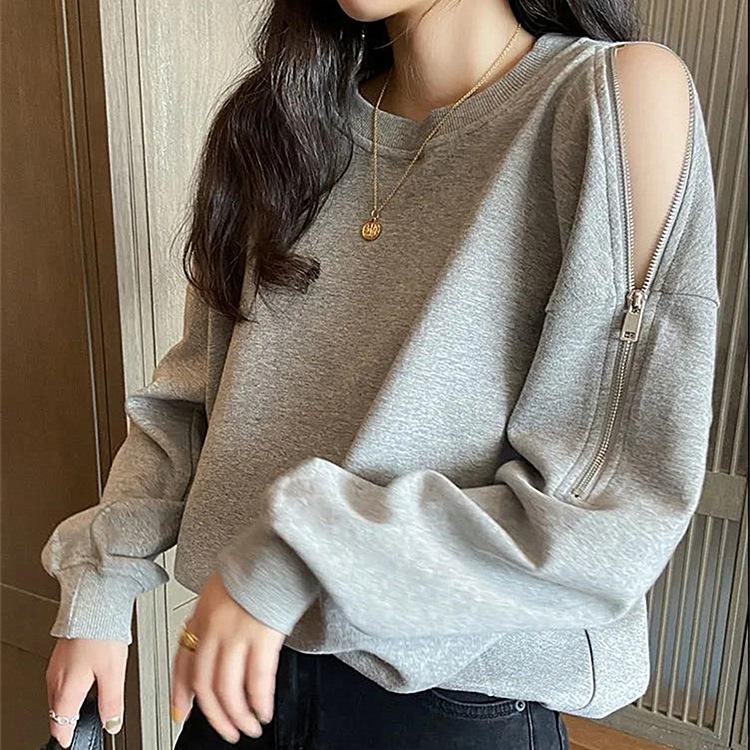 Cross-Border Export Women's Clothing Design Off-Shoulder Zipper Sweatshirt Women's Spring and Autum 2024 Korean Style Ins Long-Sleeved Top Trendy