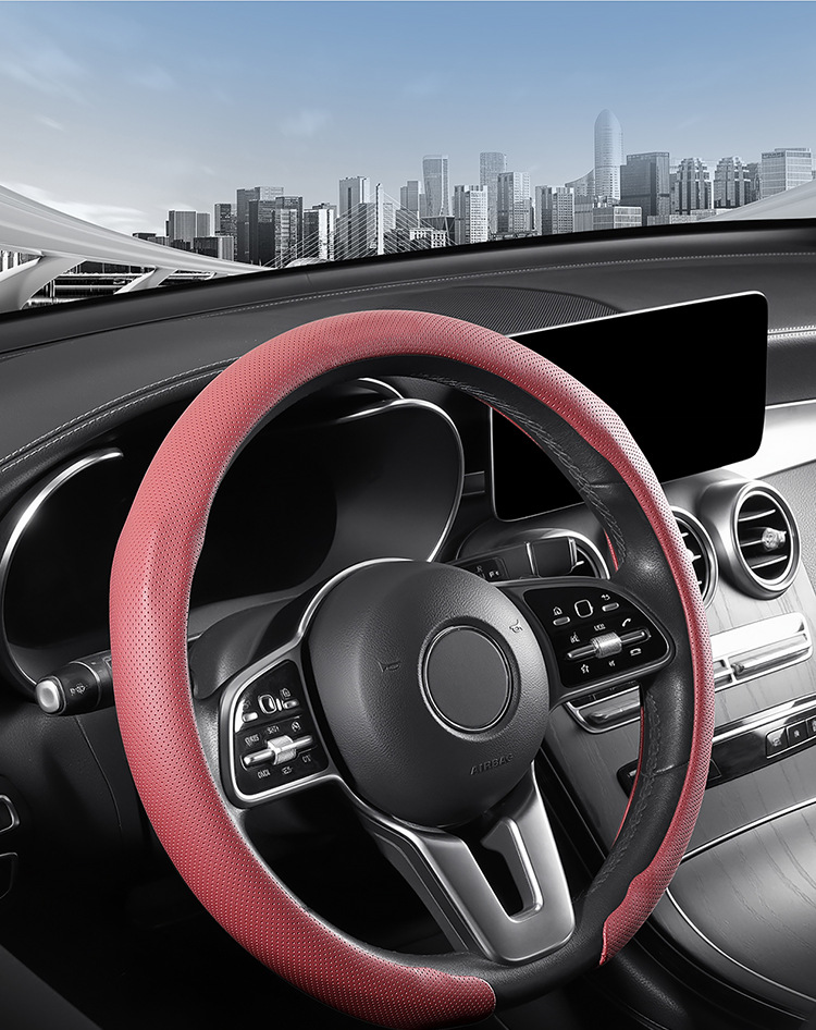 9D Perforated Nappa Leather Steering Wheel Cover, Same Style as Supercars, Universal for All Seasons, Car Interior Handle Cover, 9D Perforated Handle Cover