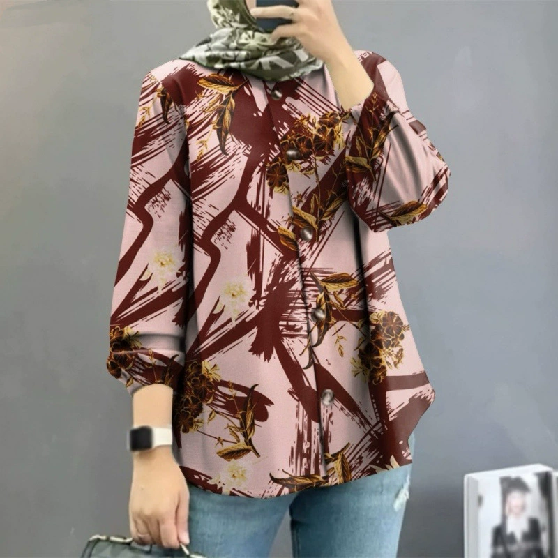 Кросс-бордерная женская мусульманская рубашка с цветочным принтом Amazon Ближний Восток Малайзия 2024, модные пышные рукава, оптовая партия от производителя
