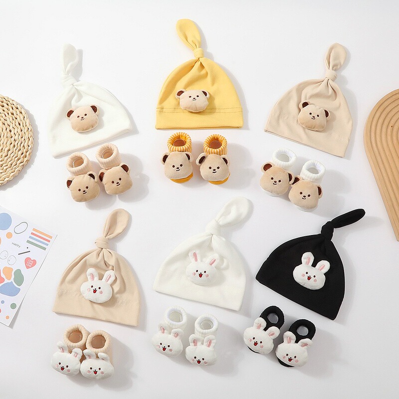 Newborn Pullover Cap Soft Breathable + Knitted Socks Set Doll Decoration Baby Hat Turban Cap
