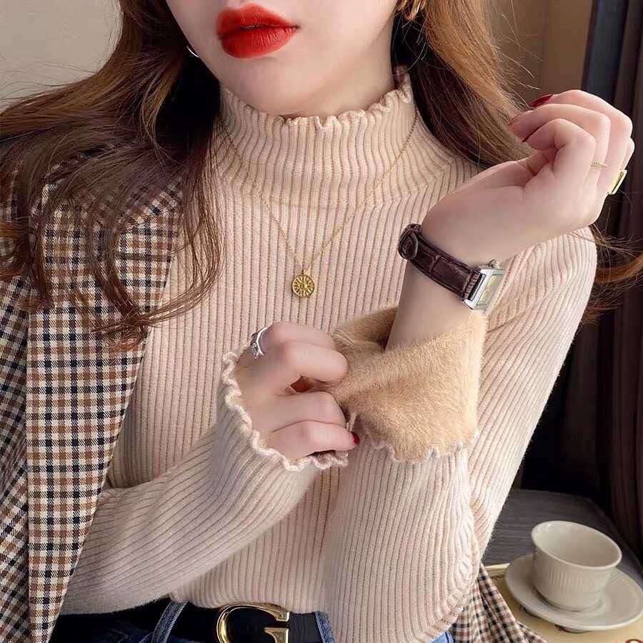 半高领加绒加厚针织毛衣女秋冬季修身木耳边一体绒保暖上衣打底衫