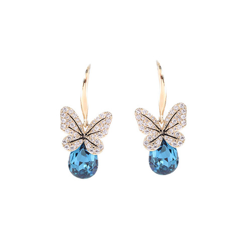  Spring and Summer New Korean Style Earrings Simple Micro-Inlaid Zircon Ear Hooks Blue Crystal Butterfly Earrings