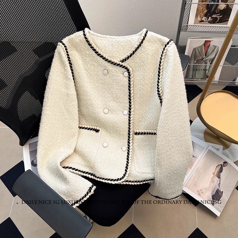 Chanel-Style Casual Versatile Petite Slim-Fit Mature Look Round-Neck Woolen Jacket for Women, Spring and Autumn