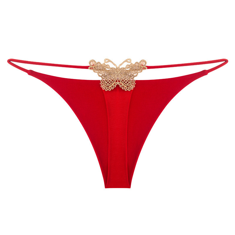 Double-Layered Thin Strap Sexy Thong with Butterfly Embroidery, Low-Waist Bikini Cotton Women's Underwear T-Back Seamless for Cross-Border Trade