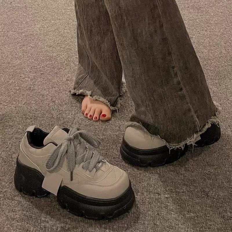 Европейские товары 2025 осень ретро женские повседневные туфли на платформе с широким носком британские туфли на толстой подошве и толстом каблуке из натуральной кожи модные