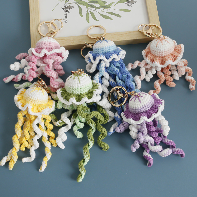 Amazon Cross-Border Hand-Knitted Jellyfish Pendant, Wool Crocheted Marine Life Pendant, Hand-Made Bag Hanging Finished Product Amazon Cross-Border Hand-Knitted Jellyfish Pendant, Wool Crocheted Marine Life Pendant, Hand-Made Bag Hanging Finished Product
