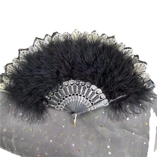 New Cyber Celebrity Feather Fan Lolita Classical Folding Fan Cyber Celebrity Retro Style Dance Cheongsam Catwalk Fan Lace Fan