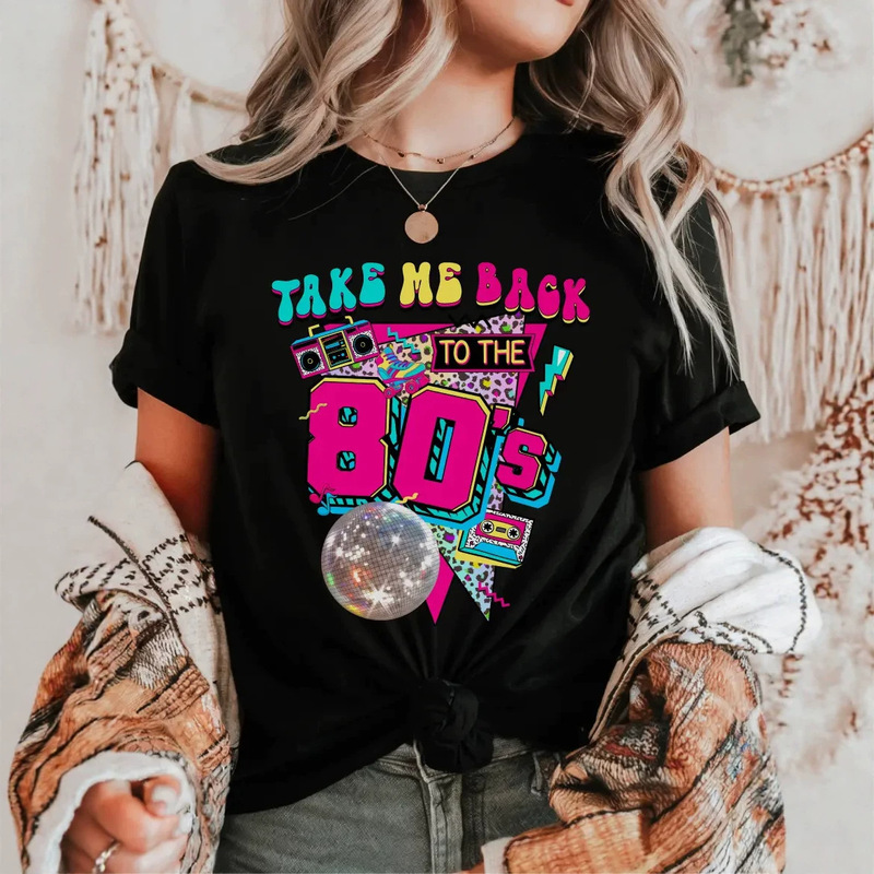 European Size Cross-Border Pure Cotton Round Neck Short-Sleeved T-Shirt with 80S Retro Audio-Visual Elements Printed on It, Women's Daily Casual Style