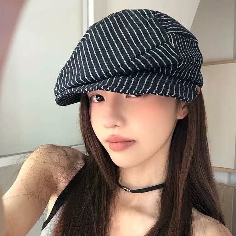 日韩贝雷帽高品质条纹棉麻复古八角帽女士透气显脸小百搭报童帽子|undefined