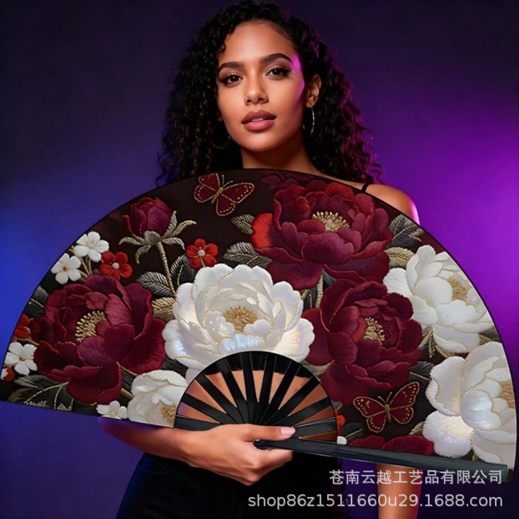 Cross-Border In-Stock Goods 10inch 33cm Kung Fu Fan Peony Red Flo