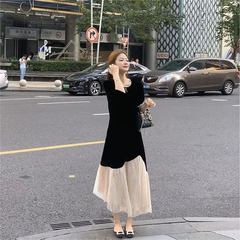 法式千金小个子早秋丝绒连衣裙显瘦气质黑色高级亮片拼接配有腰带