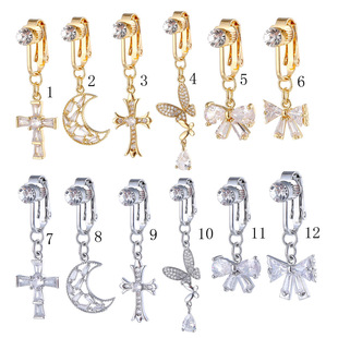 Hot-Selling European and American Cross-Border Piercing Jewelry Inlaid with Aa Zircon Cross Butterfly Moon Navel Nail Navel Ring Earrings