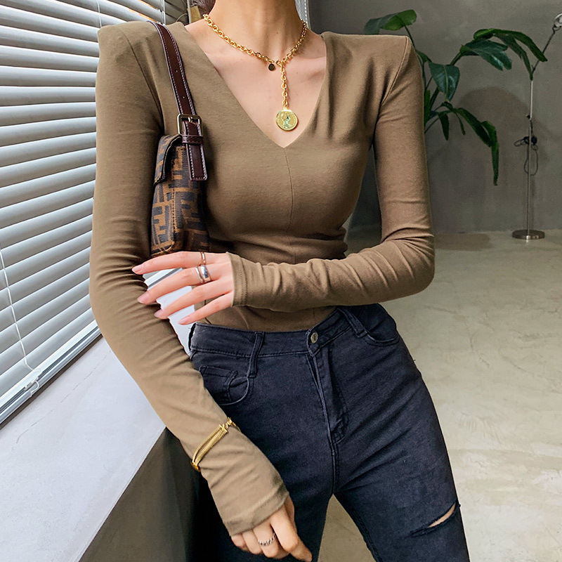 European Pure Cotton V-Neck Long-Sleeved T-Shirt for Women European Station Style 2023 Autumn New Bottoming Shirt with Shoulder Pad Top European Pure Cotton V-Neck Long-Sleeved T-Shirt for Women European Station Style 2023 Autumn New Bottoming Shirt with Shoulder Pad Top