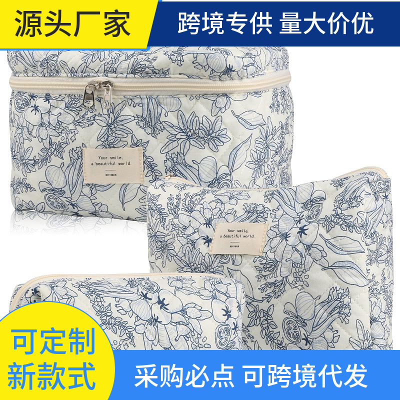 Cross-border Explosive Portable Cosmetic Bag Large Capacity Small Floral Storage Portable Quilted Cotton Lovely Flower Ins Travel