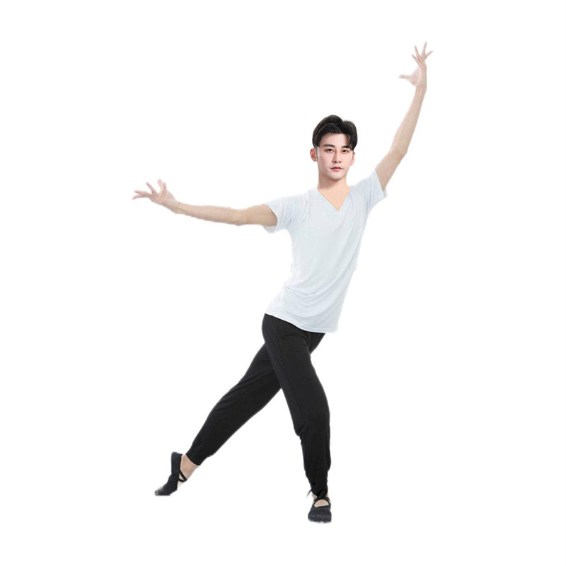 White V-neck short sleeve + black radish pants