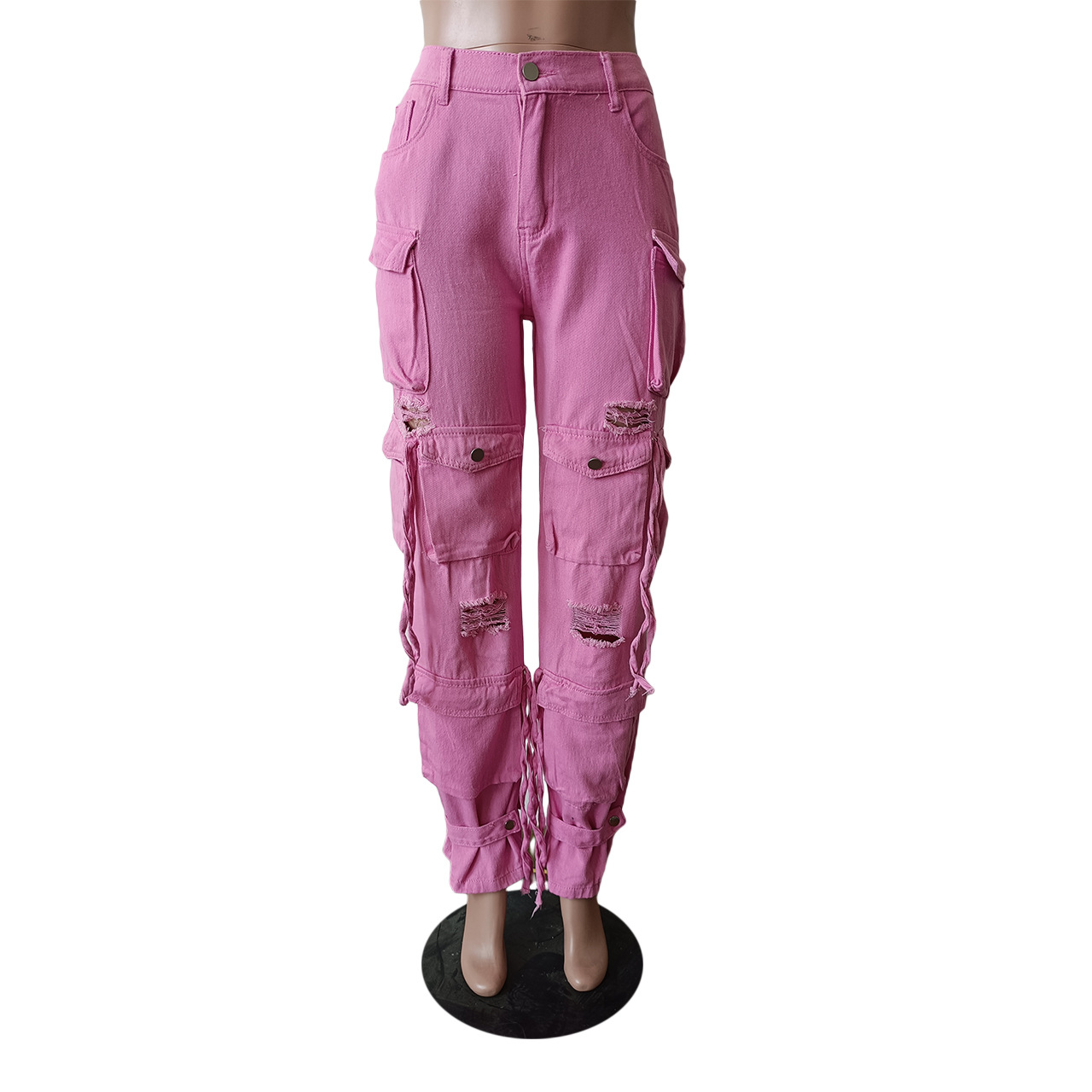 Inelastic Elasticity Daily Occasion Comfort Function Women's Daily Simple Style Solid Color Full Length Pocket Ripped Jeans