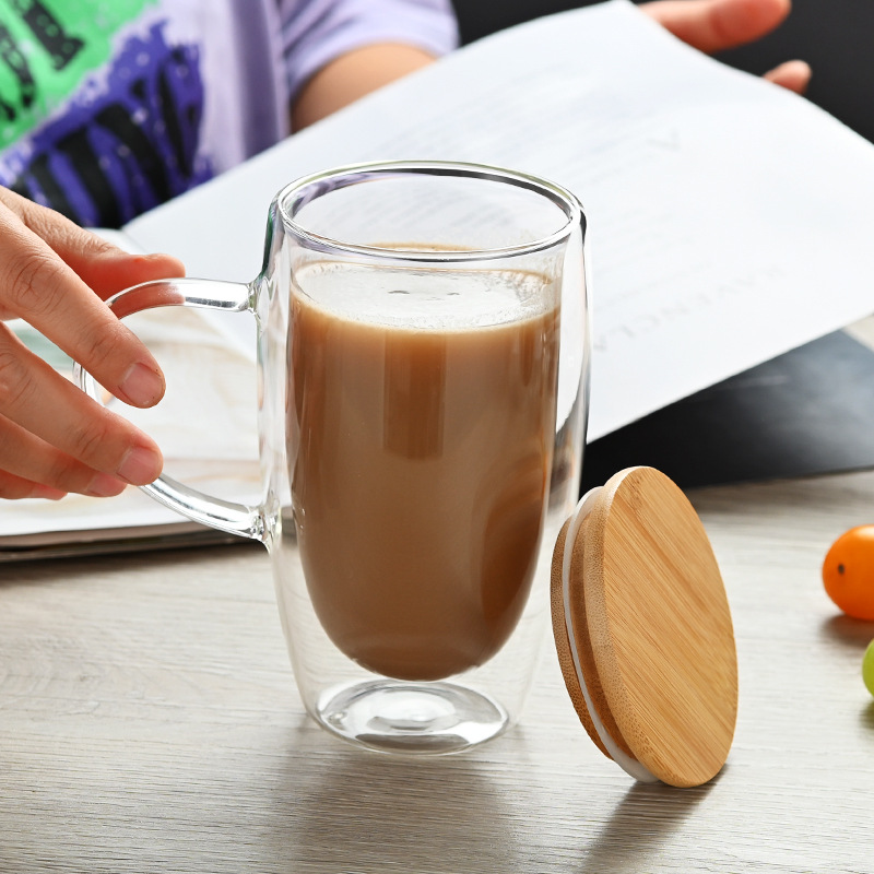 Oficina de doble capa de vidrio con mango aislado té de doble capa taza de café taza de vidrio transparente taza de leche