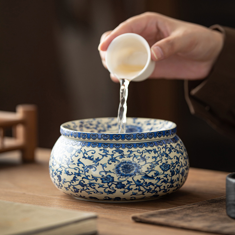 汝窑青花缠枝莲茶洗家用复古大号茶缸水盂茶渣缸桌面泡茶盂烟灰缸|undefined