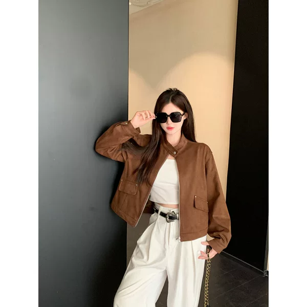 Plus-size women's casual American-style slimming suede jacket, new autumn 2026 motorcycle leather coat