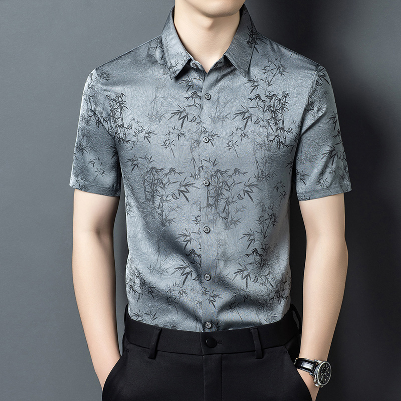 2026 Middle-Aged Men's Thin Silk Shirt, Short-Sleeve Summer Fashion Dad Style Floral Seamless Ice Silk Shirt