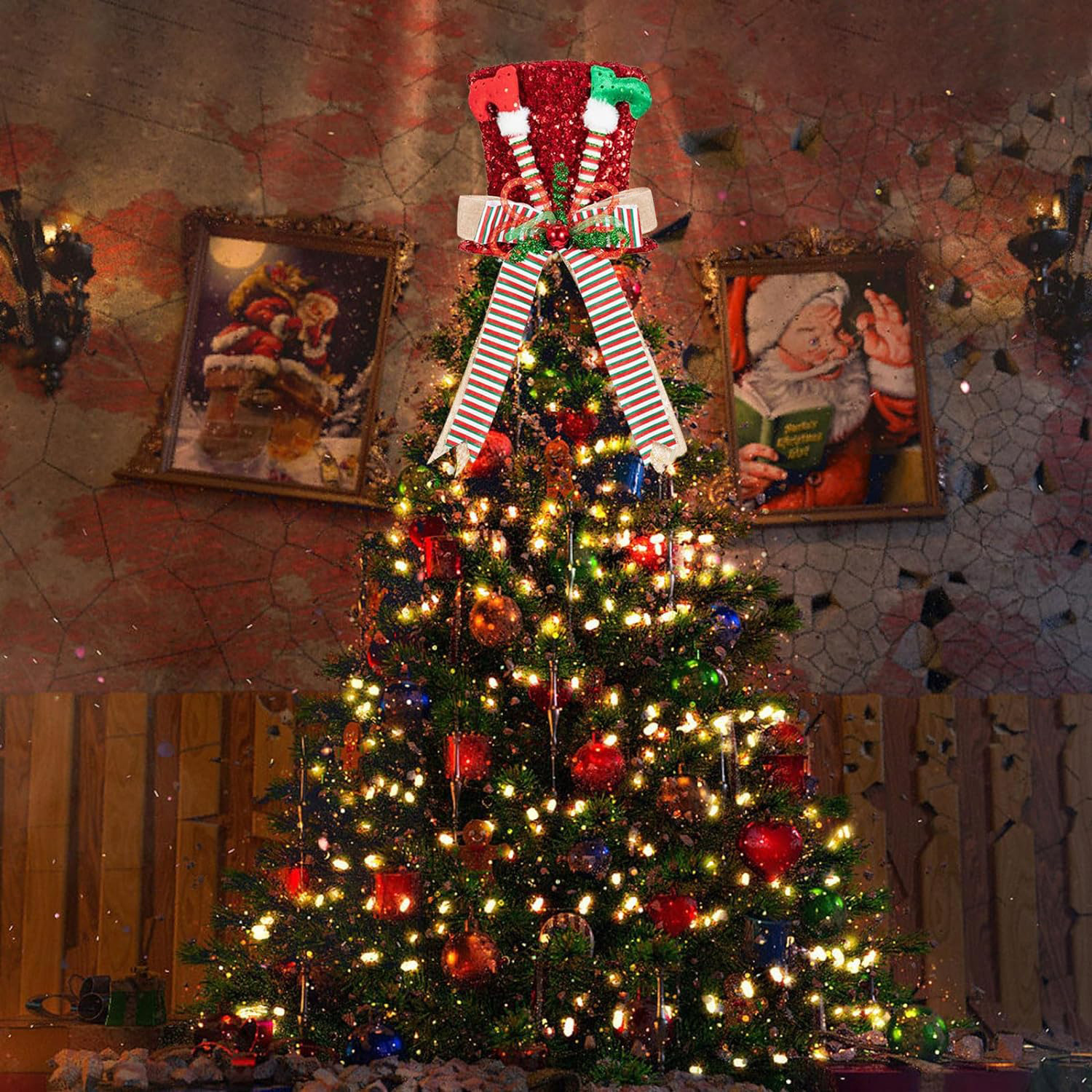 Sombrero de árbol de Navidad rojo verde sombrero de pierna elfo rayas arco sombrero de árbol esbellas decoración navideña