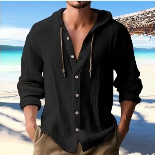 Men's 2024 Amazon Cotton Linen Shirt Hooded Sweatshirt Button Long Sleeve Hooded Spring Summer Casual Daily Clothing