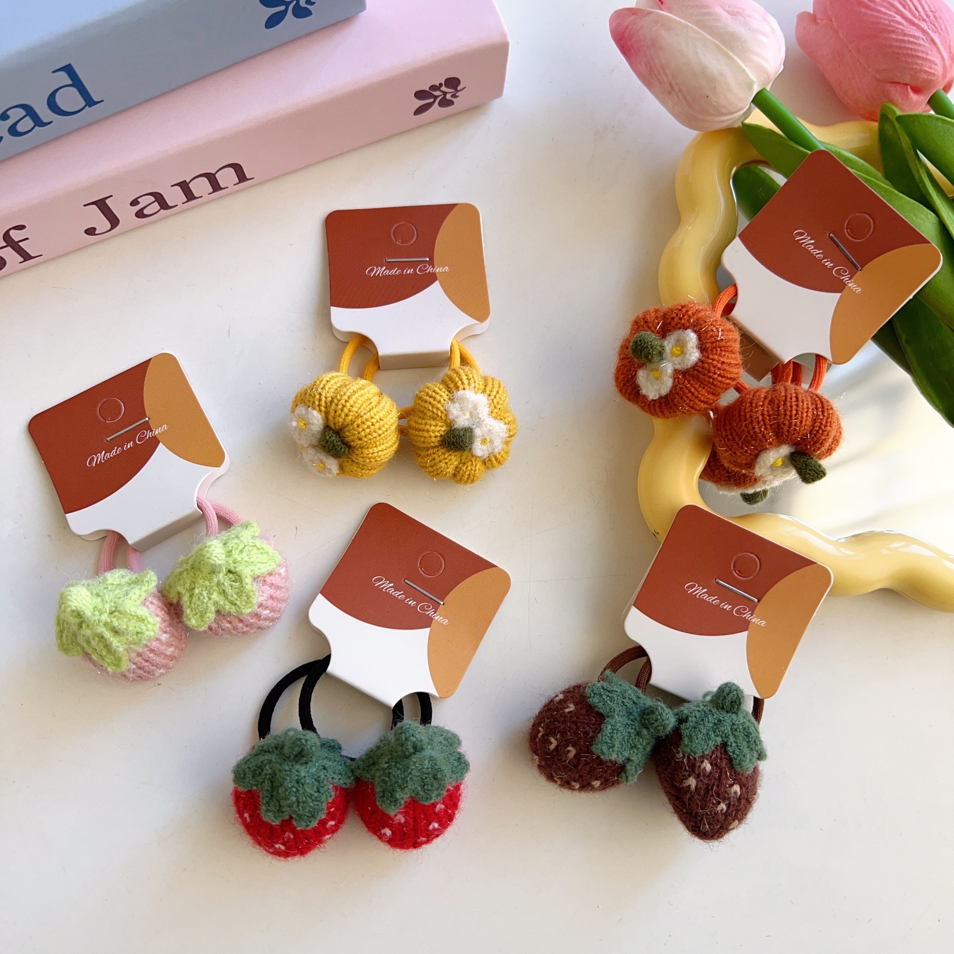 Sweet fruit knitting yarn strawberry pumpkin hair tie cute baby hair ribbon hair accessories that do not damage hair for children