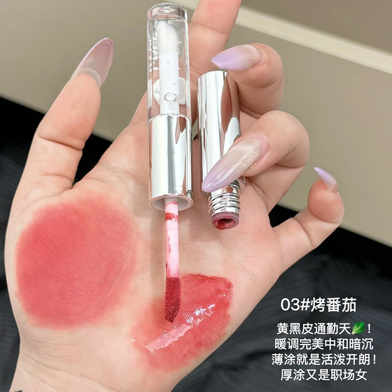 CACE plata roja fluente doble brillo labial mate brillo labial doble uso de brillo labial transparente verano vidrio de agua