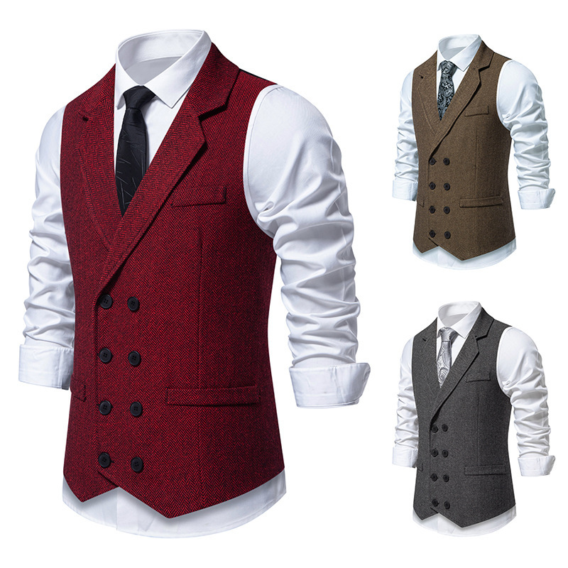 New Foreign Trade Men's Autumn and Winter Herringbone Tweed Suit Vest Retro Lapel Double-Breasted Vest for Men