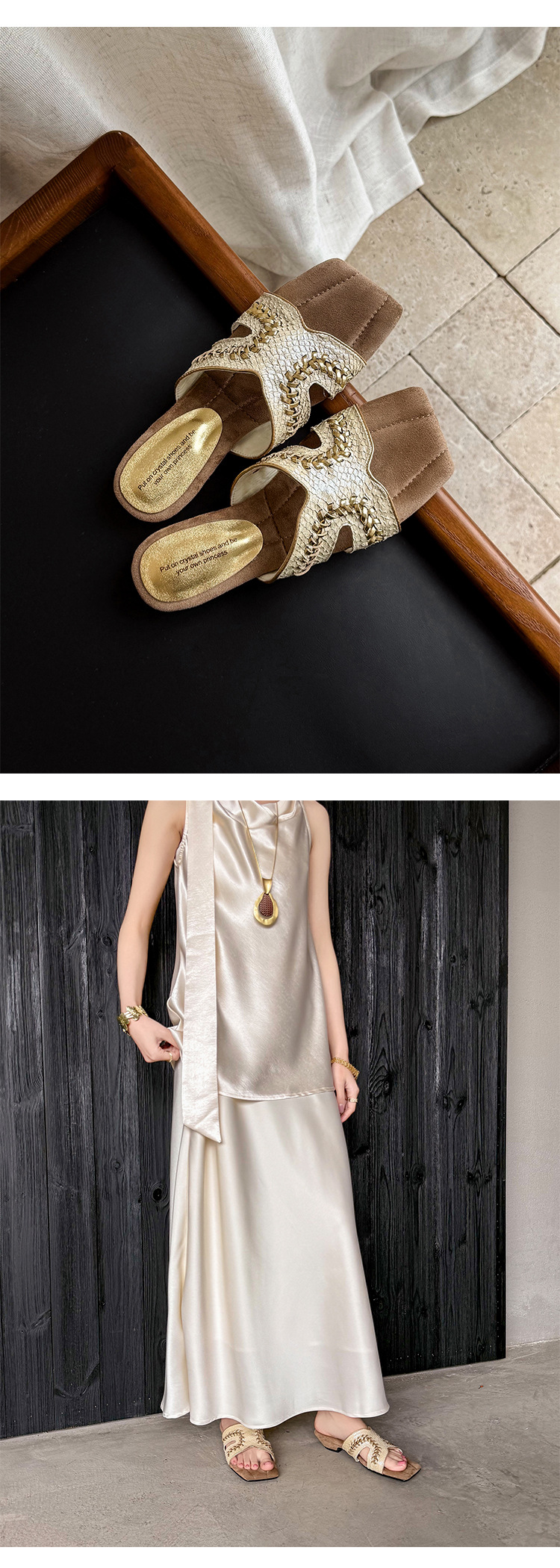 Sandal cao gót nữ mũi vuông kiểu Pháp, đế xuồng đan, quai ngang hở mũi, màu vàng champagne — 5451 Vàng Champagne chi tiết 8