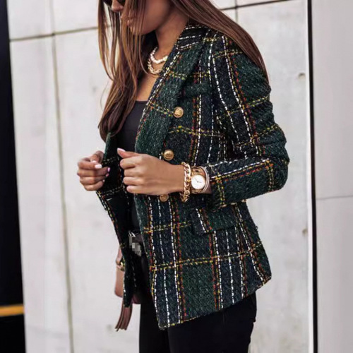 Independent station Wish new winter and autumn long sleeve double-breasted suit collar printed women's jacket