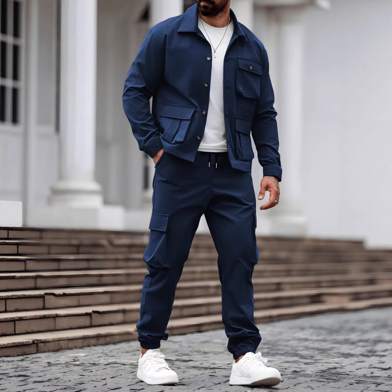 Chaqueta de trabajo de bolsillo para hombre primavera y otoño casual versátil Amazon AliExpress tendencia transfronteriza dos piezas