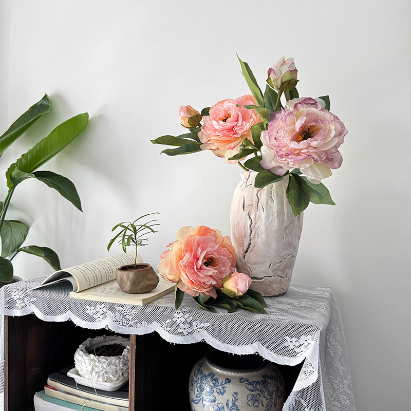 Flores de simulación de 2 flores de peonía de borde de coco, flores de loto falsas, decoración de escritorio de la casa nórdica, pintura al óleo de peonía falsa