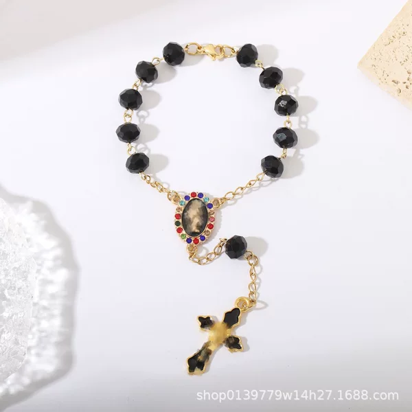 Cross-Border Hot-Selling Crystal Rhinestone Oil-Drip Virgin Mary Cross Handmade Curved Needle Rosary Bracelet Rearview Mirror Rosary Pendant