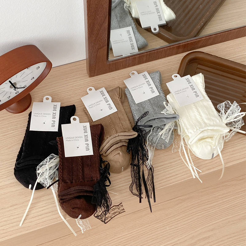 Autumn and Winter Solid Color Japanese Lace Bow Sweet Girl College Style Jk Lolita Casual Mid-Tube Women's Socks