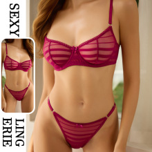 欧美2025女士新款胸罩文胸套装跨境薄款红色性感蕾丝内衣大胸显小