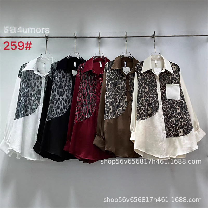 European Heavy-Duty Design Leopard Print Sequin Loose Long-Sleeved Shirt for Women Early Autumn New Trendyy Fashion Plus Size Top