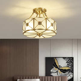 新中式入户门厅半吊灯卧室餐厅灯中国风圆形纯铜房间主卧吸顶灯具