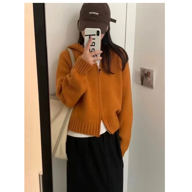 韩系慵懒风连帽针织开衫女秋冬新款宽松高级感双拉链加厚毛衣外套|undefined