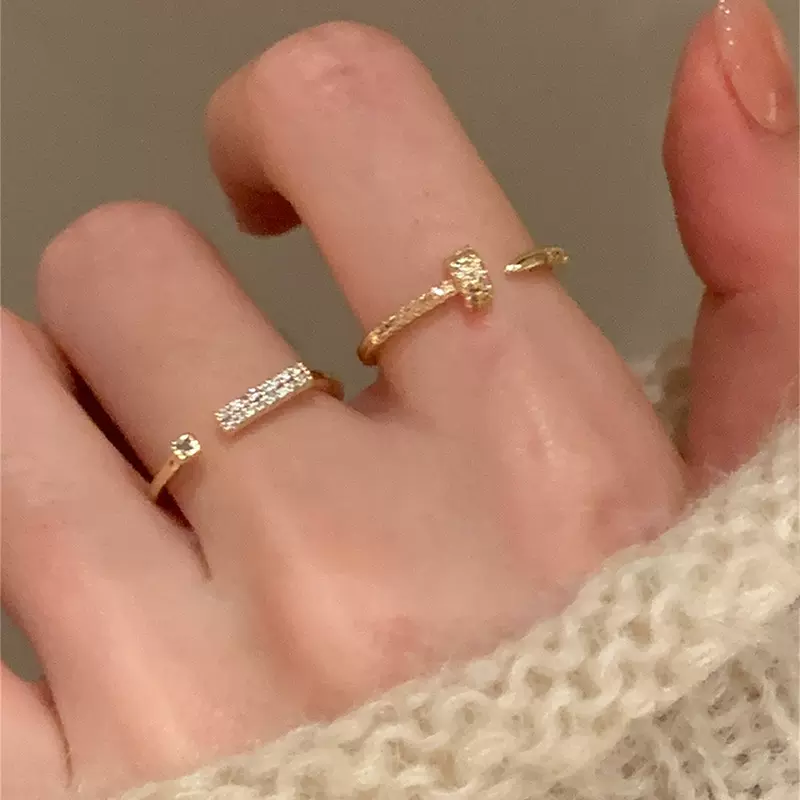 真金电镀设计感锆石钉子开口戒指韩系小众高级感指环百搭食指戒女