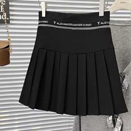 春秋韩版风字母腰弹力百褶裙胖mm女装高腰垂感防走光黑色短裙9281