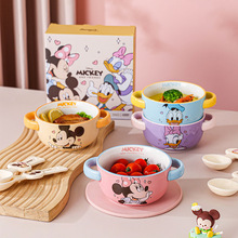 迪士尼米奇新款儿童双耳碗卡通陶瓷餐具带勺高颜值饭碗家用辅食碗