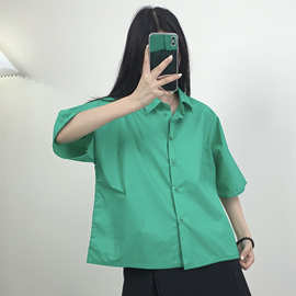 CS女装衬衫女标准版型箱型纽扣式衬衫短袖衬衣上衣绿色1163838003