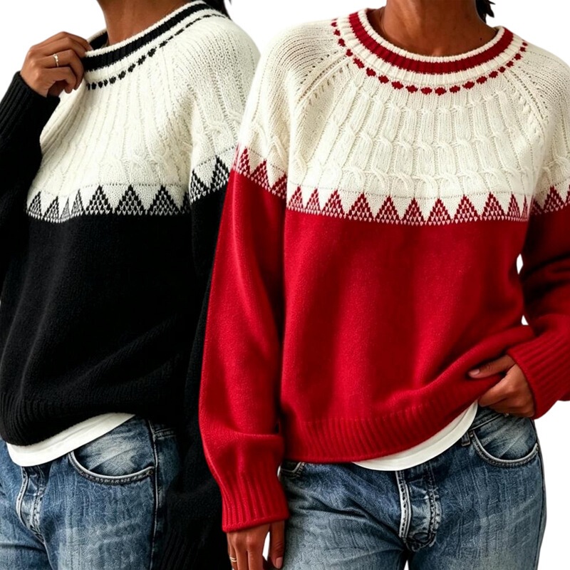 Cross-border Fair Isle autumn and winter round-neck loose-fit pullover knit sweater, 2026 Amazon Christmas color-block cable knit sweater for women Cross-border Fair Isle autumn and winter round-neck loose-fit pullover knit sweater, 2026 Amazon Christmas color-block cable knit sweater for women