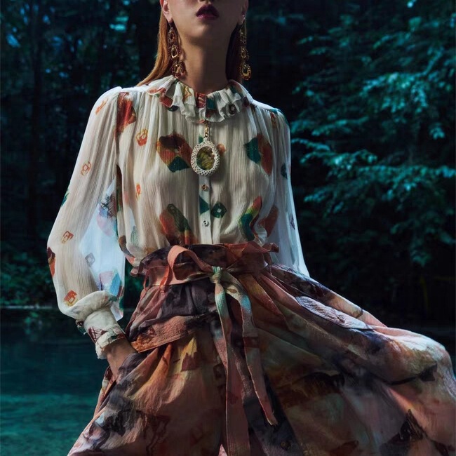 Glazed Checkered Pattern·Elegant Fairy Style·Smooth Silk·Semi-Sheer Lace Turn-Down Collar·Sweet Long-Sleeved Shirt